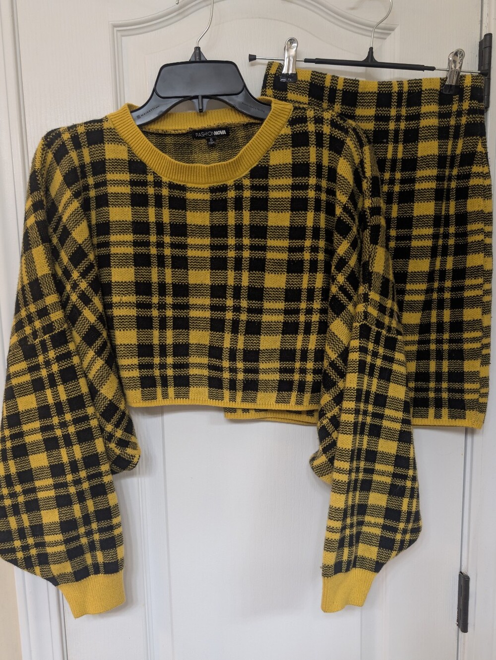 Fashion Nova Mustard Yellow & Black Plaid Knit Cropped Crew and Skirt Set - Picture 3 of 15